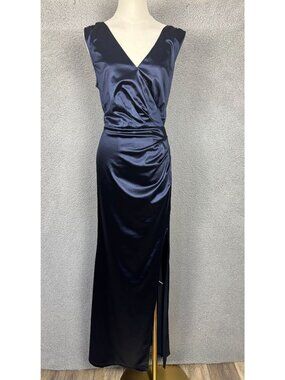 Miusol Navy Satin V-Neck Maxi Dress with Side Slit